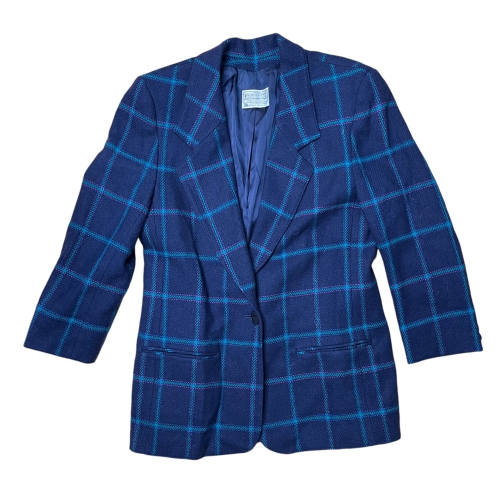 🌟 Vintage Pendleton Navy Plaid Wool Blazer USA Made One Button Medium